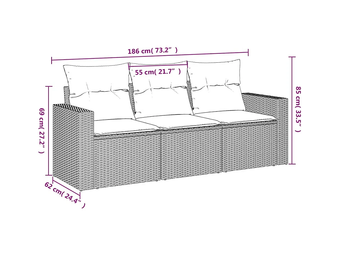 Salon de jardin 3 pcs avec coussins noir résine tressée BE72725
