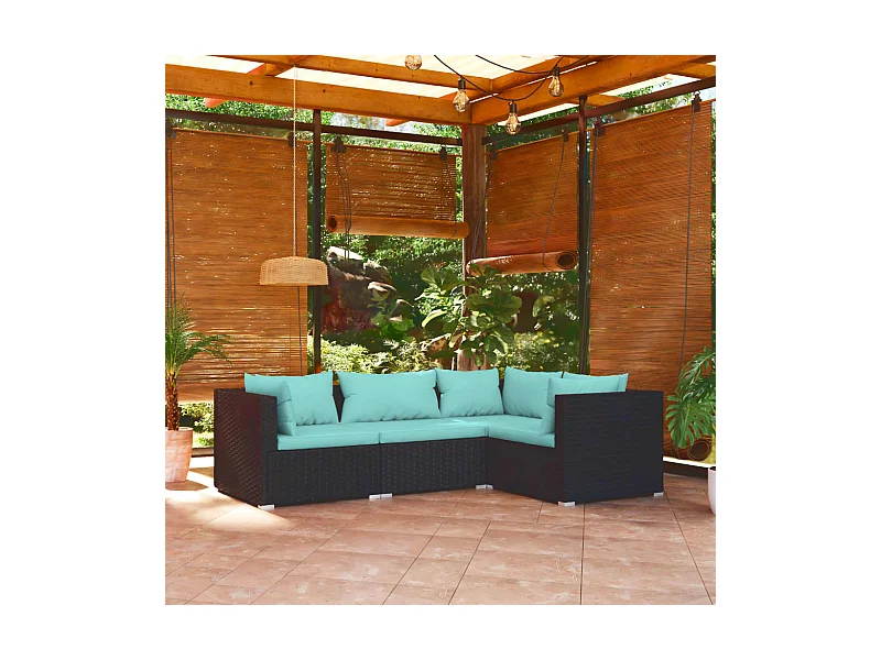 4-tlg. Garten-Sitzgruppe | Garten-Lounge-Set mit Kissen Poly Rattan Schwarz -GKD588049