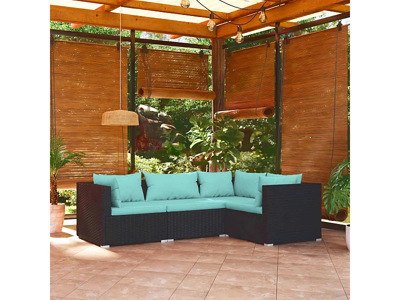 4-tlg. Garten-Sitzgruppe | Garten-Lounge-Set mit Kissen Poly Rattan Schwarz -GKD588049