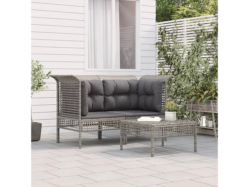 3-tlg. Garten-Sitzgruppe: Sofa + Tisch | Garten-Lounge-Set mit Kissen Grau Poly Rattan -GKD219612