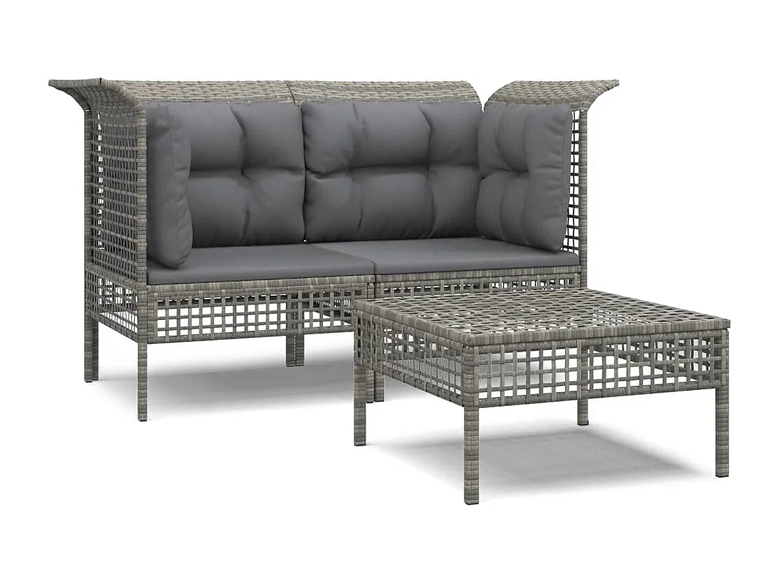 Salon de jardin 3 pcs avec coussins Gris Résine tressée BE56359