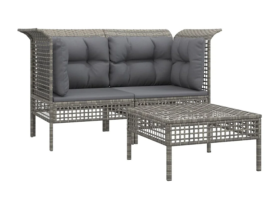 Salon de jardin 3 pcs avec coussins Gris Résine tressée BE56359