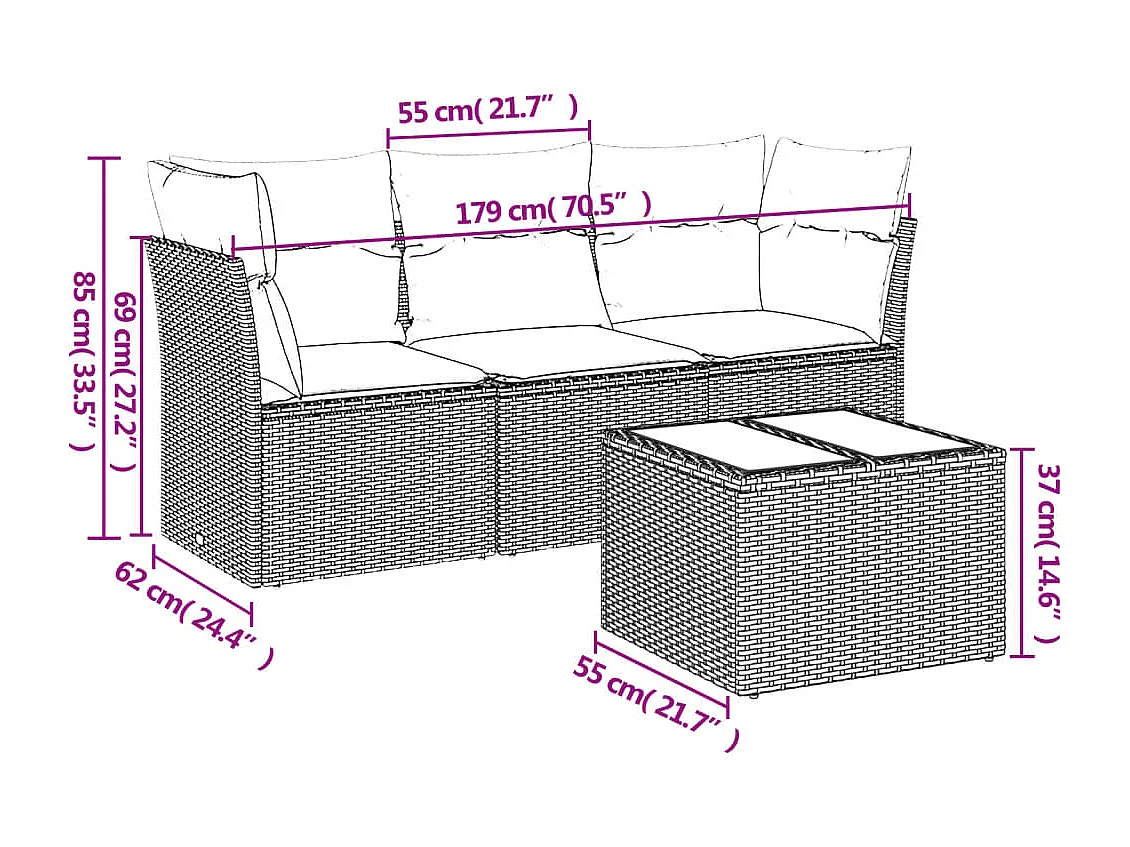 4-tlg. Garten-Sofagarnitur,Gartenmöbel-Set mit Kissen Grau Poly Rattan -gkd847171