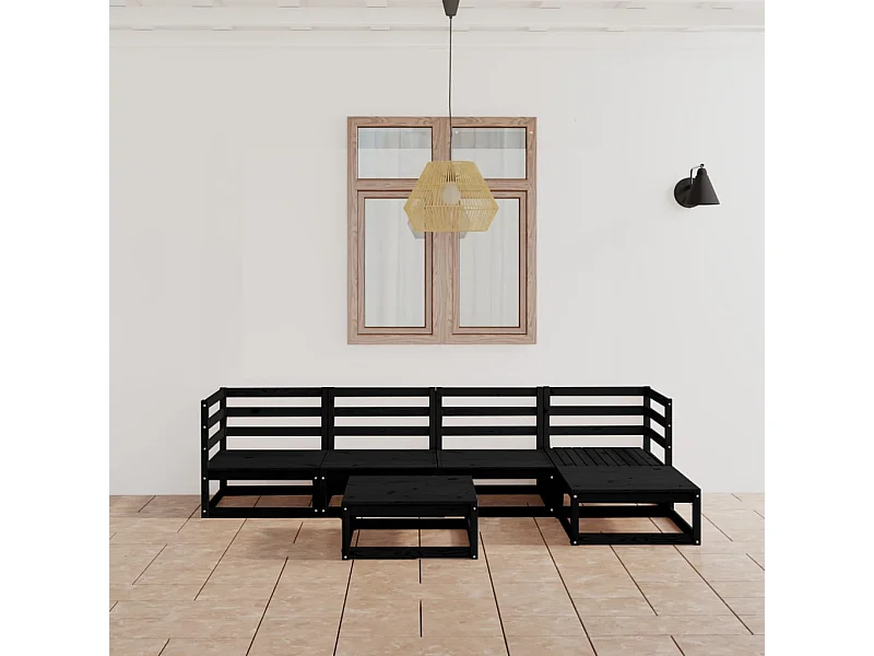 Salon de jardin 6 pcs noir bois de pin massif BE39867
