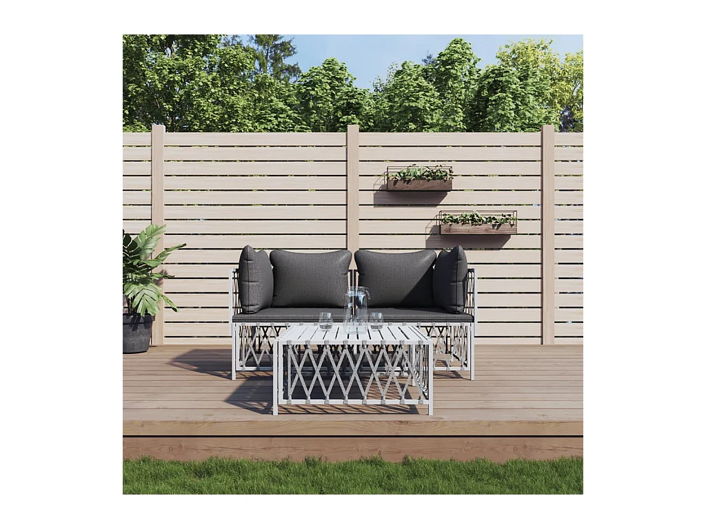 Salon de jardin avec coussins 3 pcs blanc acier BE42690