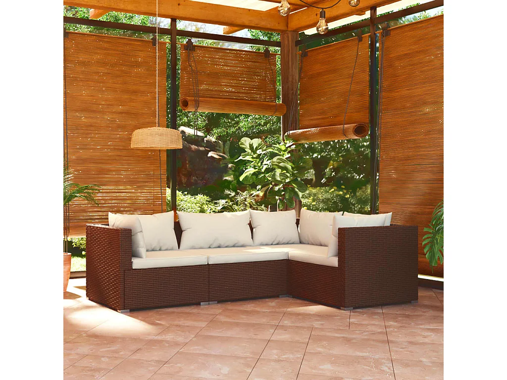 4-tlg. Garten-Sitzgruppe | Garten-Lounge-Set mit Kissen Poly Rattan Braun -GKD996604