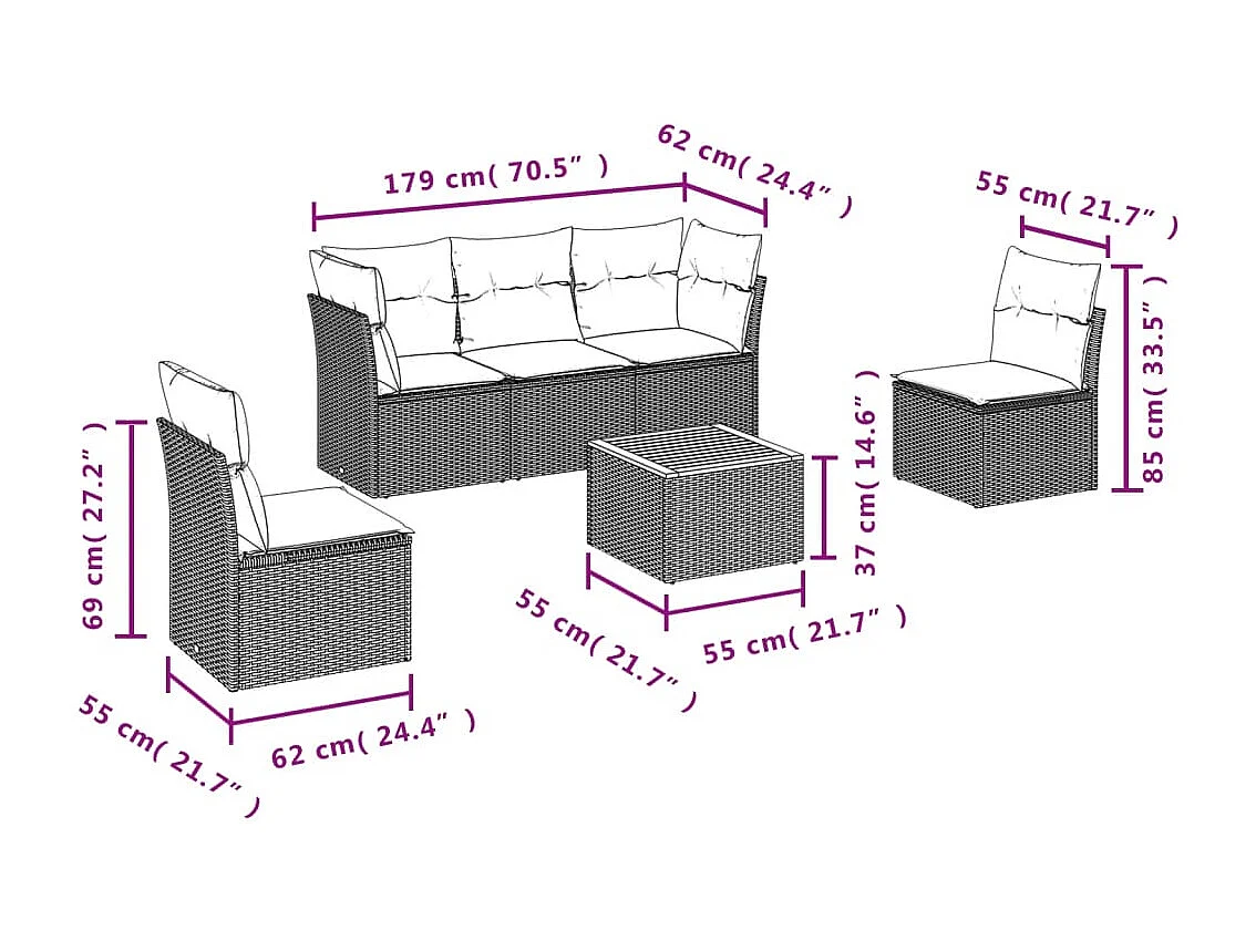 6 pzas Salón de jardín y cojines ratán sintético negro ES80432