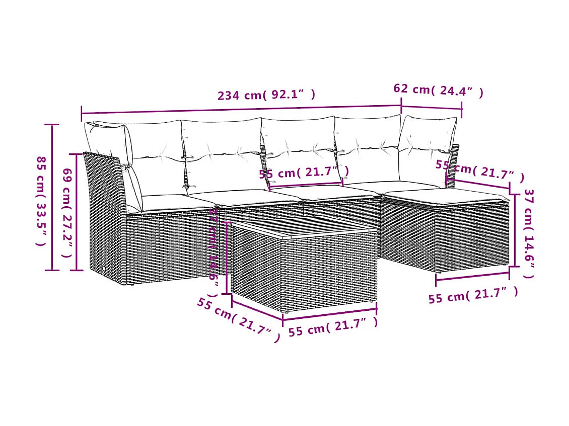 6 pcs conjunto sofás de jardim c/ almofadões vime PE preto PT364781