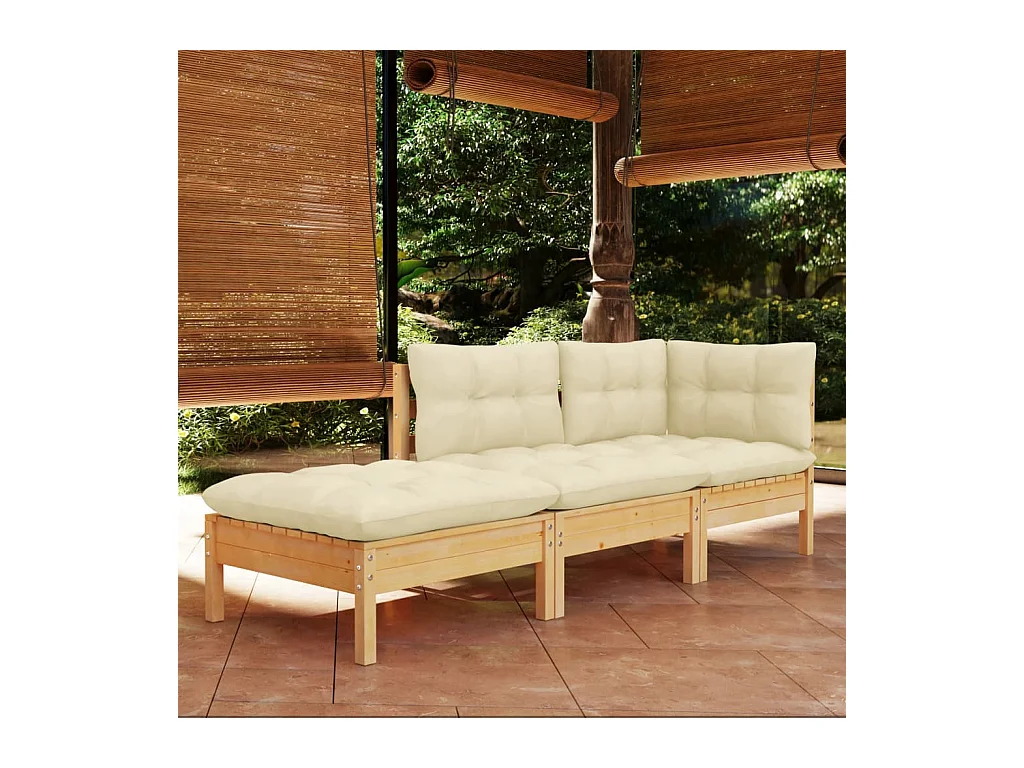 Salon de jardin 3 pcs avec coussins crème Bois de pin massif BE37152