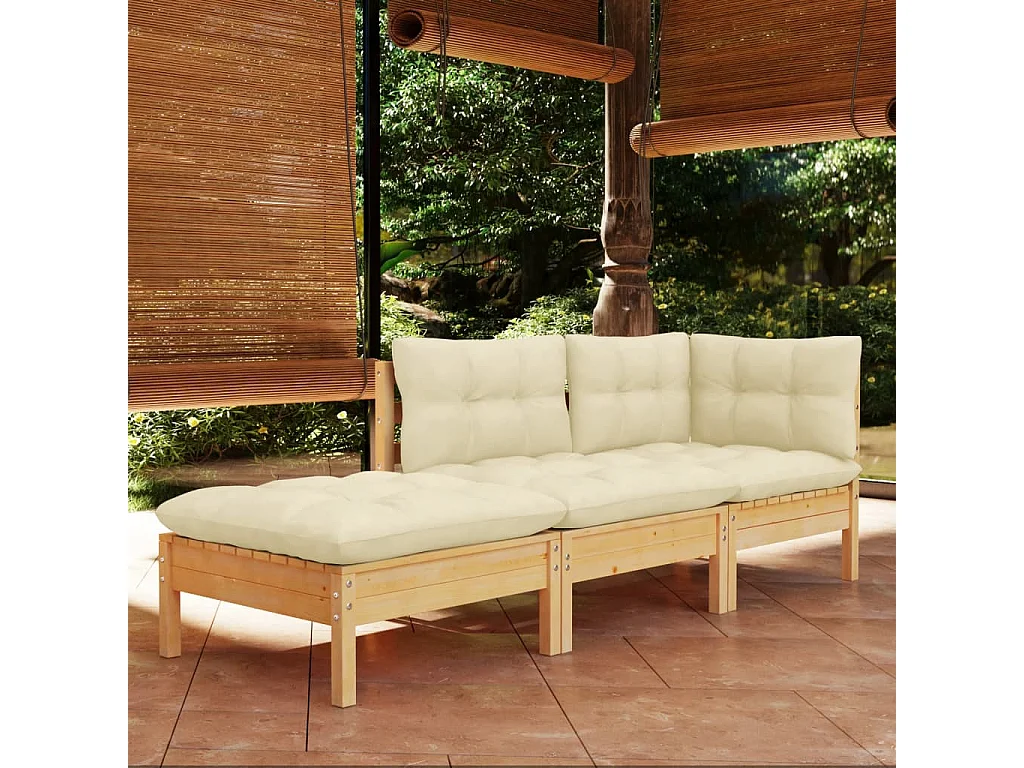 Salon de jardin 3 pcs avec coussins crème Bois de pin massif BE37152