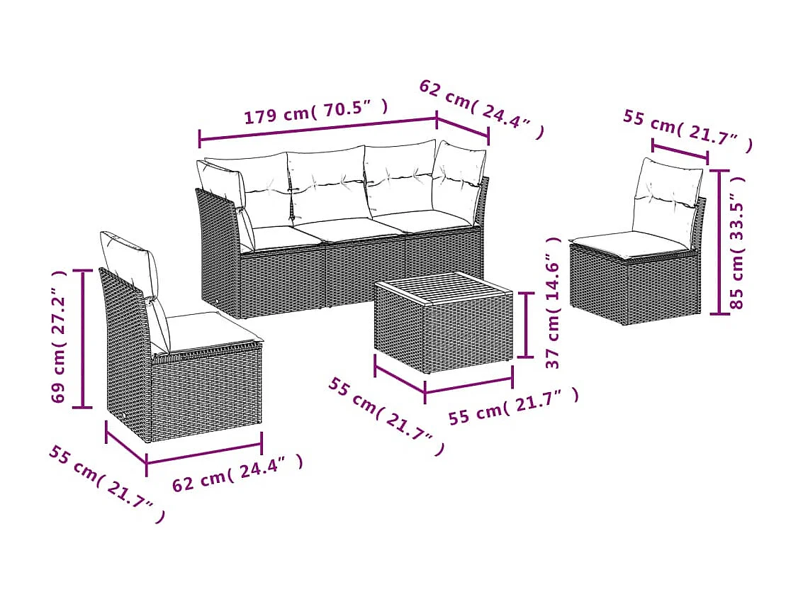 6 pzas Salón de jardín y cojines ratán sintético negro ES66156