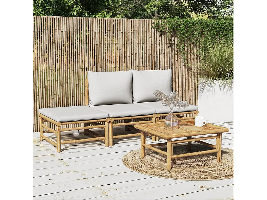4 pzas Salón de jardín bambú y cojines gris claro ES29690