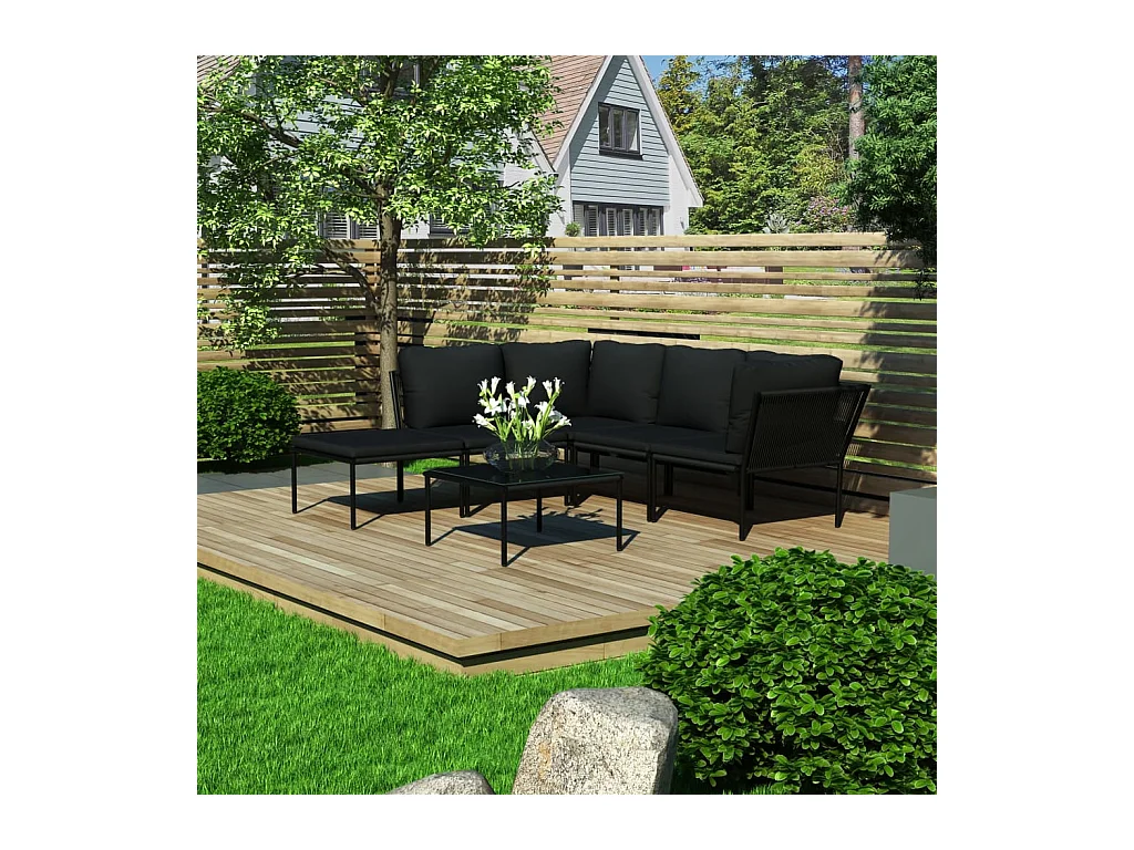 6 pcs conjunto lounge de jardim c/ almofadões PVC preto PT92618