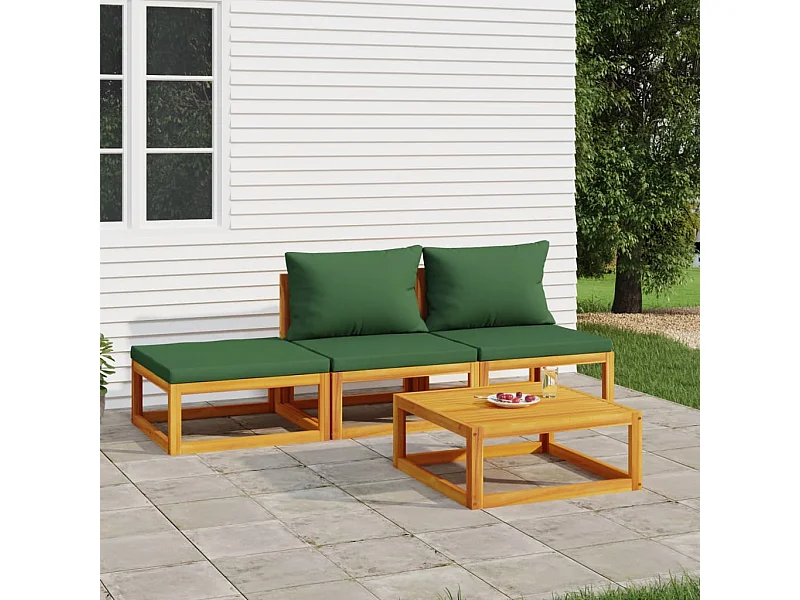 4-tlg. Garten-Sitzgruppe: Sofa + Tisch | Garten-Lounge-Set mit Grünen Kissen Massivholz -GKD900026