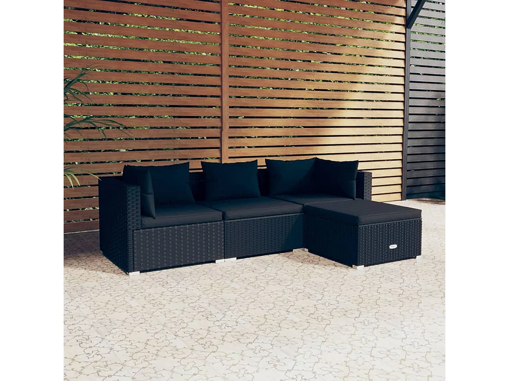 4-tlg. Garten-Sitzgruppe | Garten-Lounge-Set mit Kissen Poly Rattan Schwarz -GKD910058