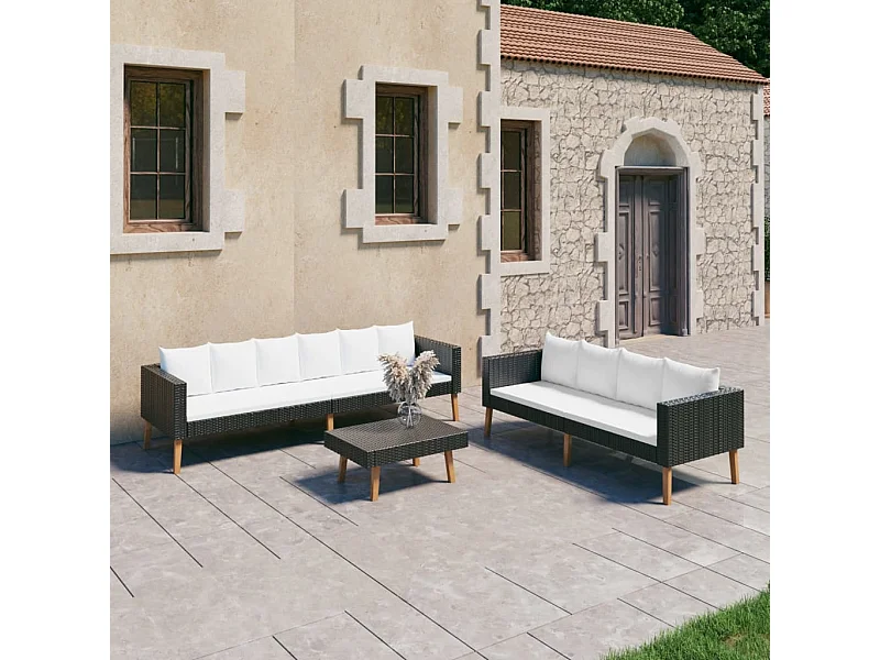 3 pcs conjunto lounge para jardim c/ almofadões vime PE preto PT80270