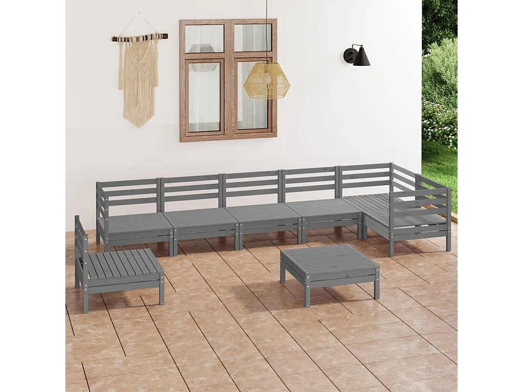 8-tlg. Garten-Sitzgruppe: Sofa + Tisch | Garten-Lounge-Set Massivholz Kiefer Grau -GKD183156