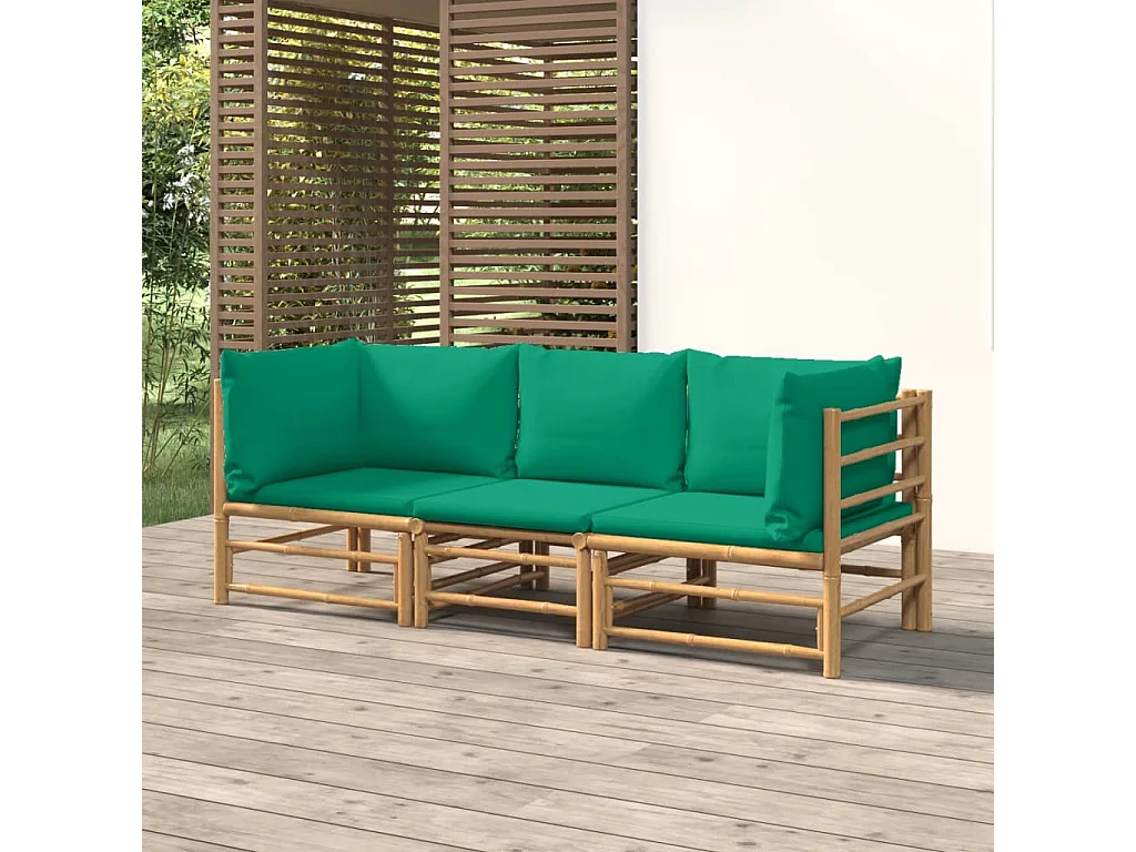3 pcs conjunto lounge de jardim bambu c/ almofadões verdes PT50972