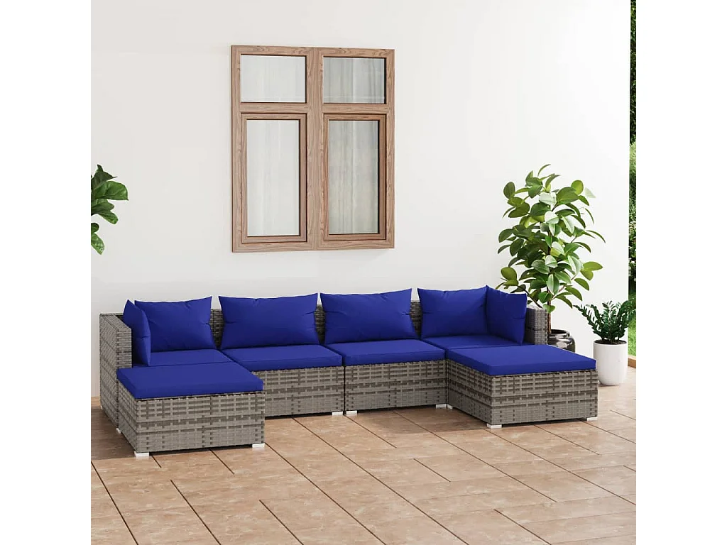 6 pcs conjunto lounge de jardim c/ almofadões vime PE cinzento PT43355