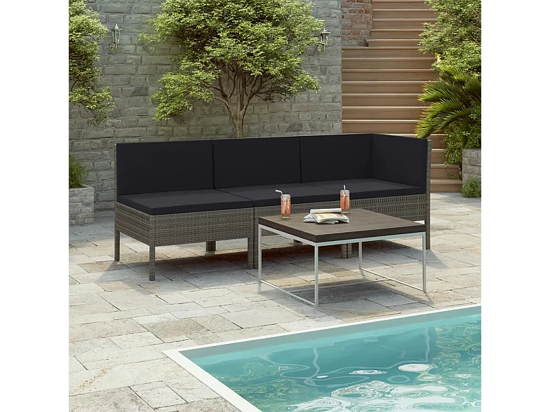 Salon de jardin 3 pcs avec coussins Résine tressée Gris BE24296