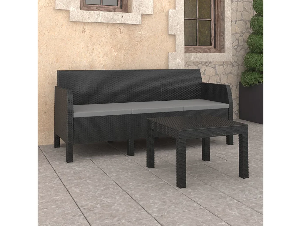 2-tlg. Garten-Sitzgruppe: Sofa + Tisch | Garten-Lounge-Set mit Kissen PP Rattan Anthrazit -GKD918265