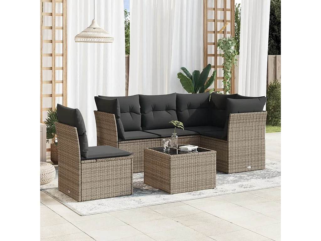6-tlg. Garten-Sofagarnitur,Gartenmöbel-Set mit Kissen Grau Poly Rattan -gkd843234