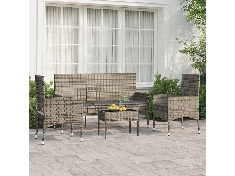 4-tlg. Garten-Sitzgruppe: Sofa + Tisch | Garten-Lounge-Set mit Kissen Grau Poly Rattan -GKD220728