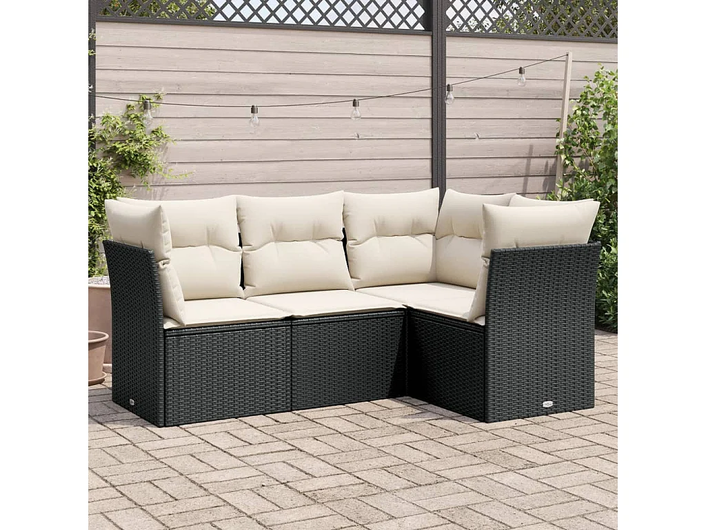 Salon de jardin 4 pcs avec coussins noir résine tressée BE78292