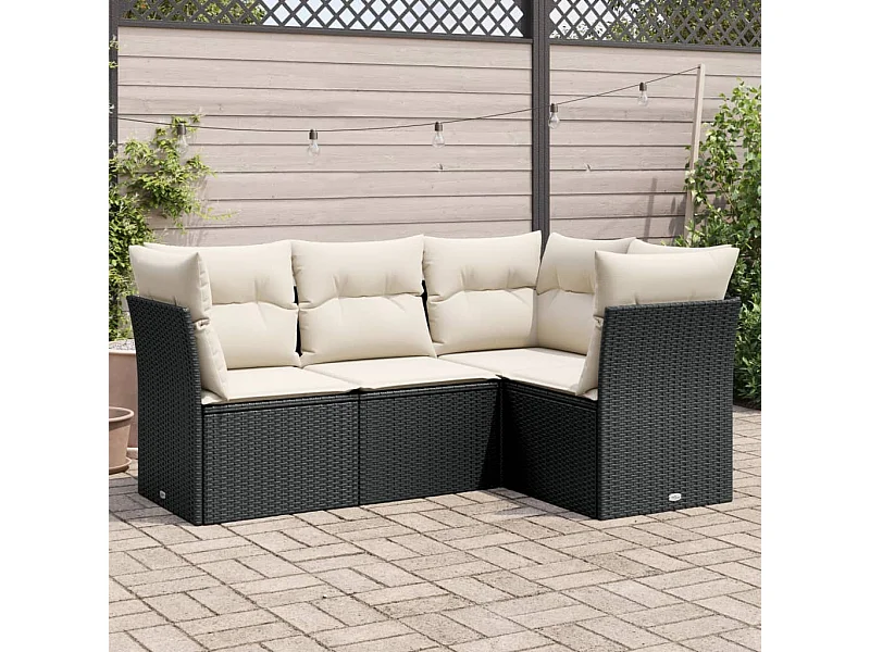Salon de jardin 4 pcs avec coussins noir résine tressée BE78292
