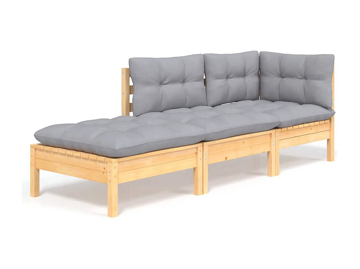Salon de jardin 3 pcs avec coussins gris Bois de pin massif BE88123