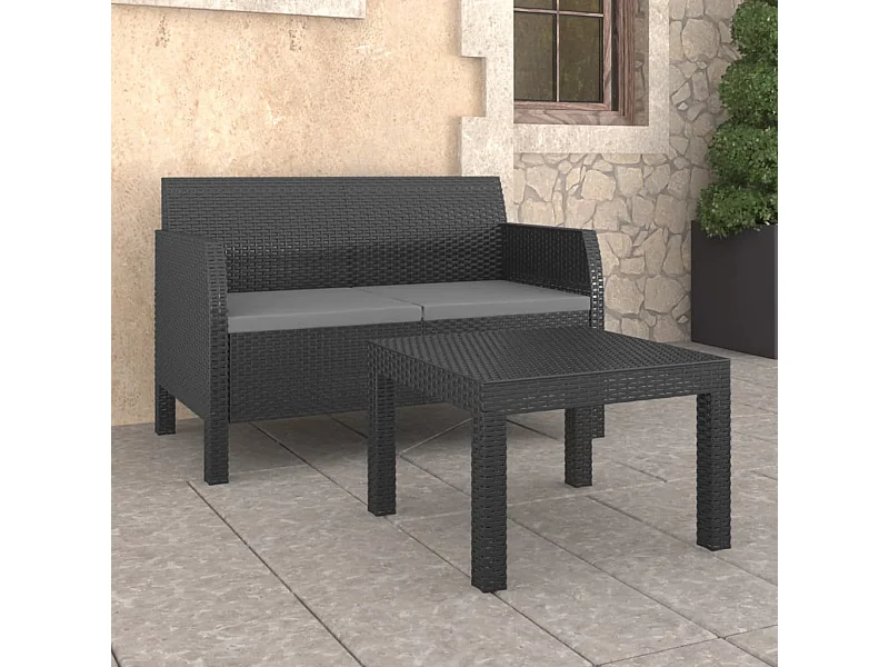 Salon de jardin 2 pcs avec coussins PP Rotin Anthracite BE84748