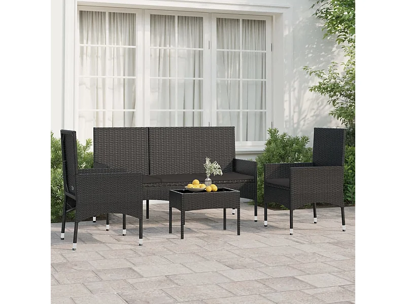 4-tlg. Garten-Sitzgruppe: Sofa + Tisch | Garten-Lounge-Set mit Kissen Schwarz Poly Rattan -GKD333698