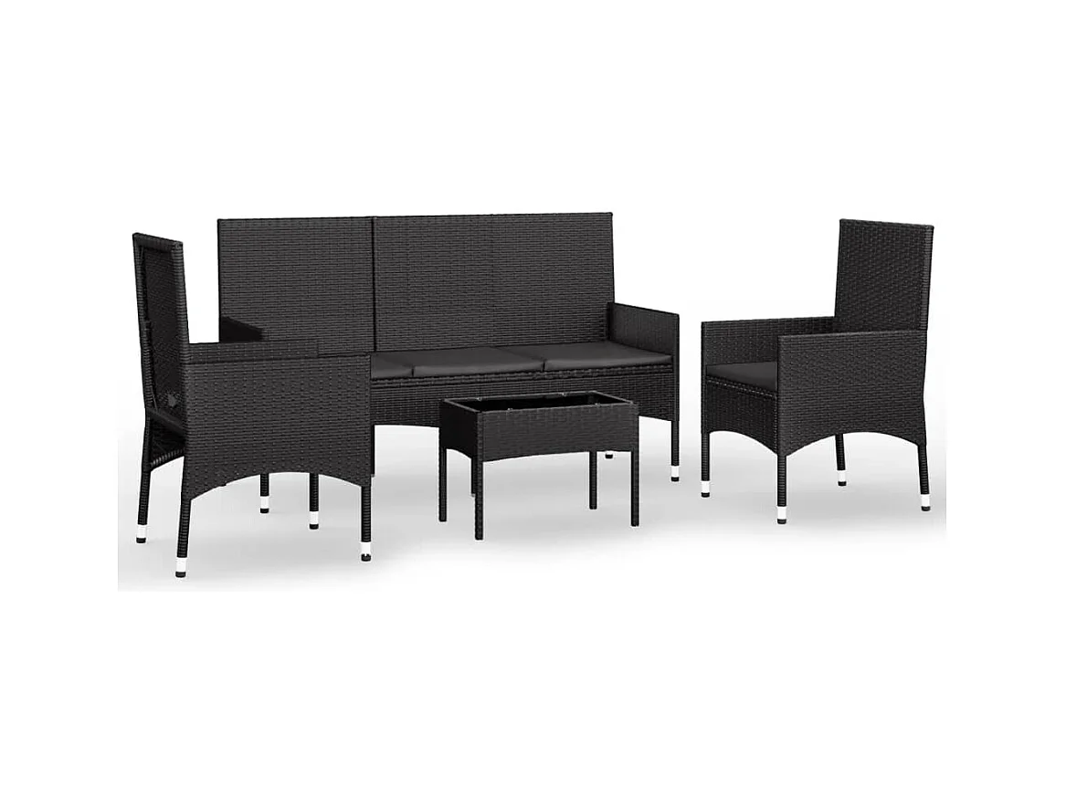 4-tlg. Garten-Sitzgruppe: Sofa + Tisch | Garten-Lounge-Set mit Kissen Schwarz Poly Rattan -GKD333698
