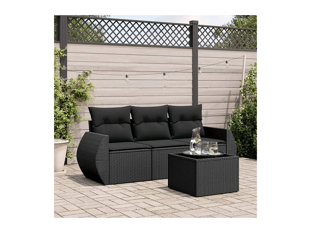 Salon de jardin 4 pcs avec coussins noir résine tressée BE61651