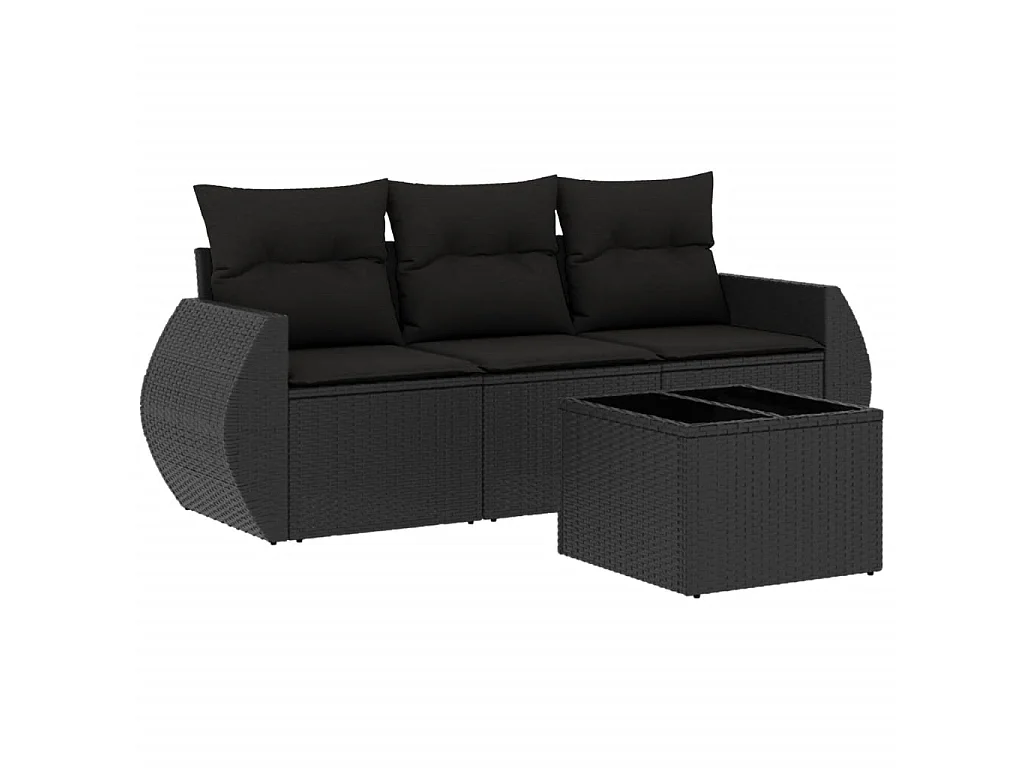 Salon de jardin 4 pcs avec coussins noir résine tressée BE61651