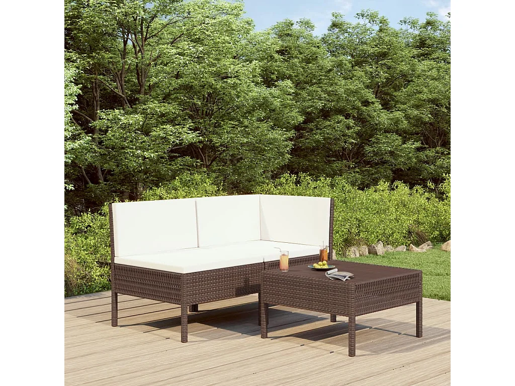 3-tlg. Garten-Sitzgruppe: Sofa + Tisch | Garten-Lounge-Set mit Auflagen Poly Rattan Braun -GKD491675