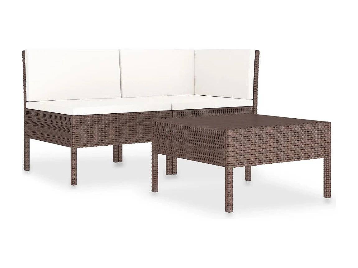 3-tlg. Garten-Sitzgruppe: Sofa + Tisch | Garten-Lounge-Set mit Auflagen Poly Rattan Braun -GKD491675