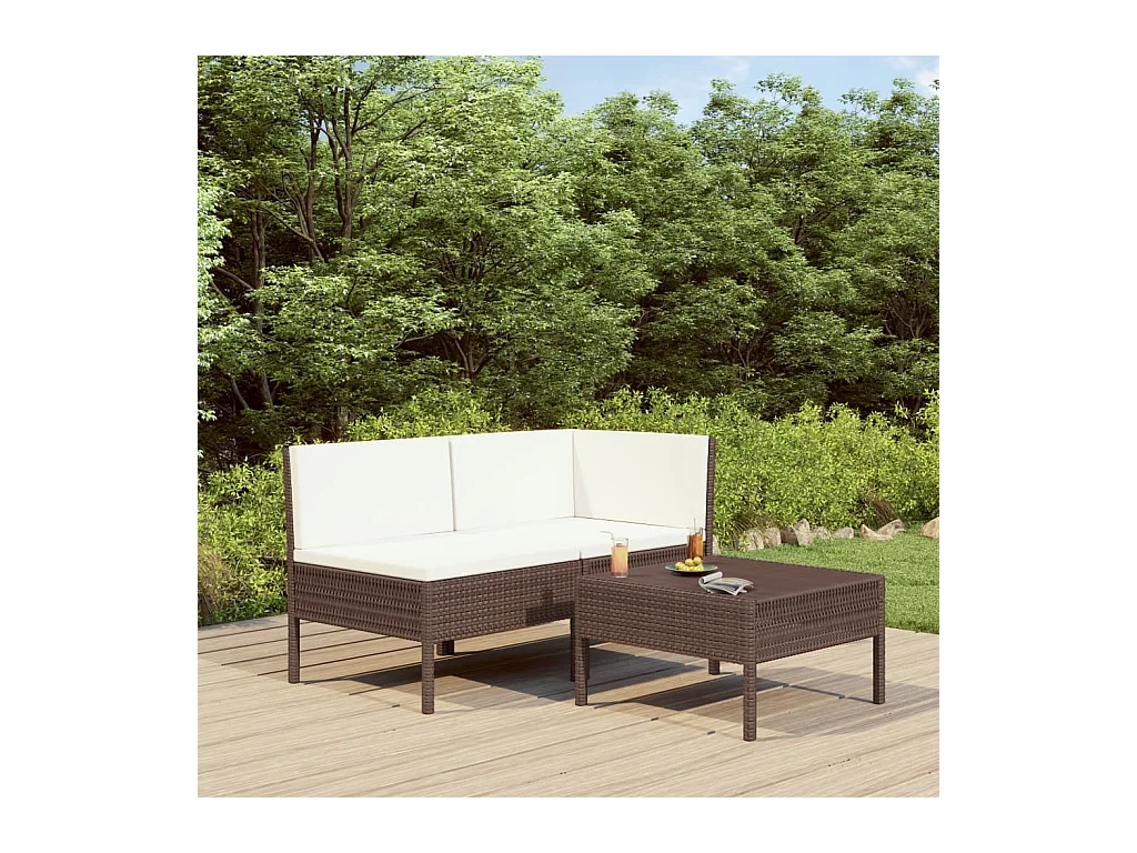 Salon de jardin 3 pcs avec coussins Résine tressée Marron BE94282