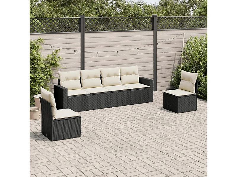 Salon de jardin 6 pcs avec coussins noir résine tressée BE77749
