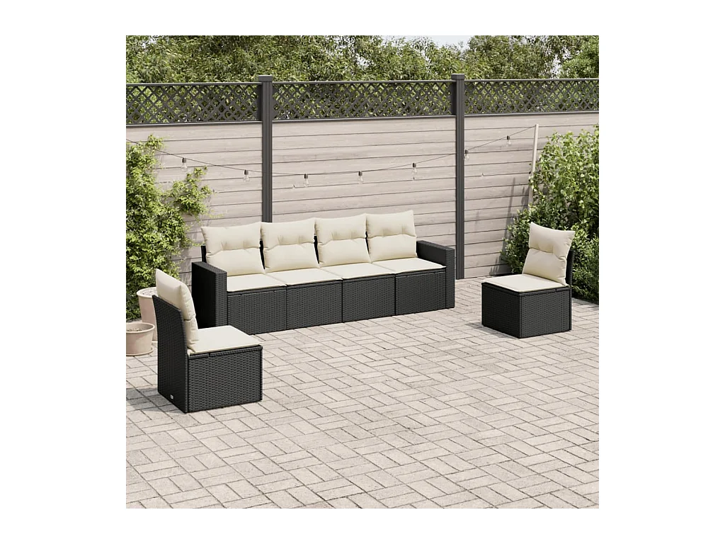 Salon de jardin 6 pcs avec coussins noir résine tressée BE77749