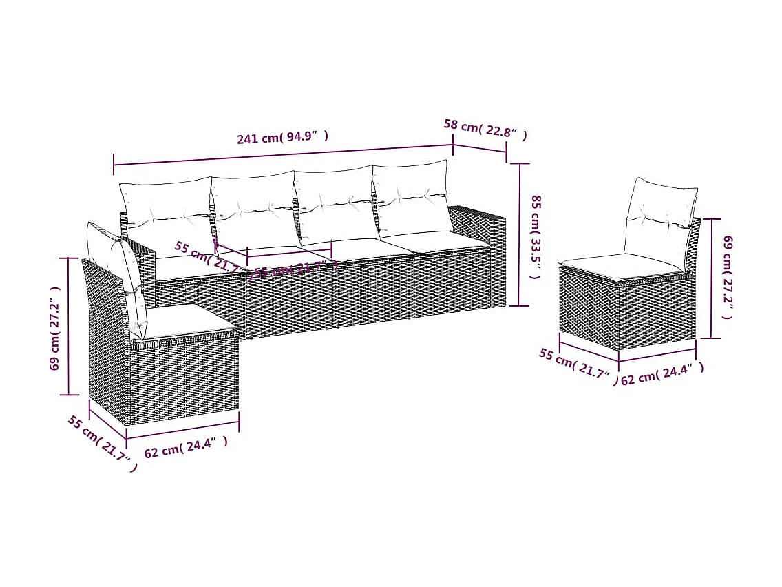 Salon de jardin 6 pcs avec coussins noir résine tressée BE77749