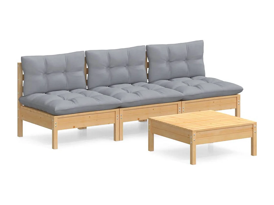 4-tlg. Garten-Sitzgruppe: Sofa + Tisch | Garten-Lounge-Set mit Grauen Kissen Kiefernholz -GKD809970