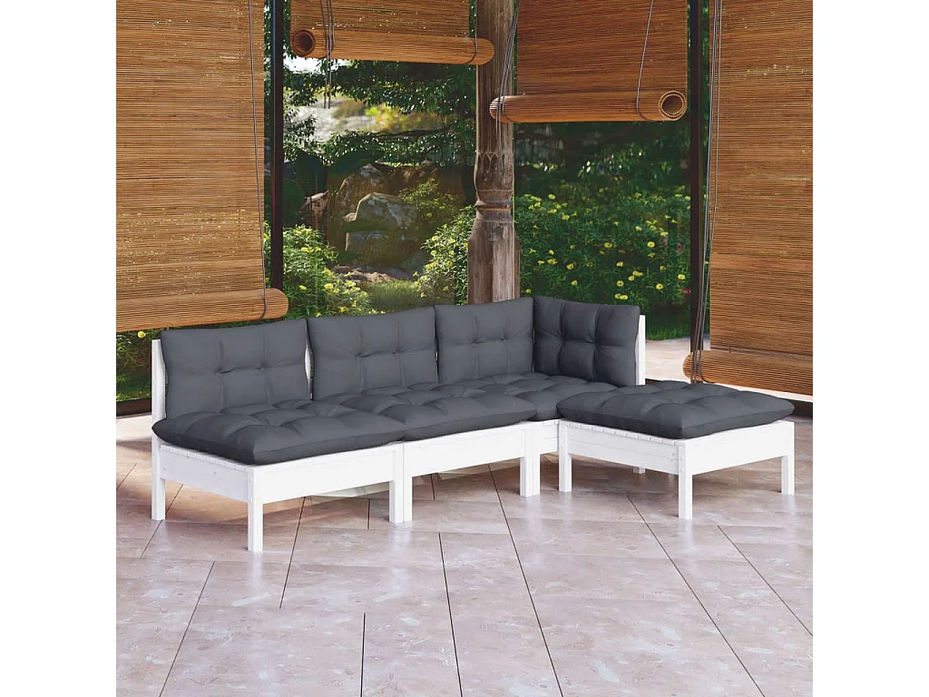 Salon de jardin 4 pcs avec coussins blanc bois de pin BE52346