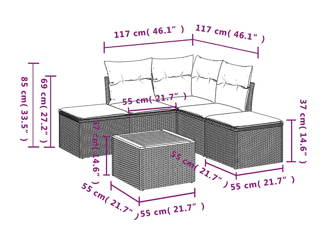 Salon de jardin 6 pcs avec coussins noir résine tressée BE74641