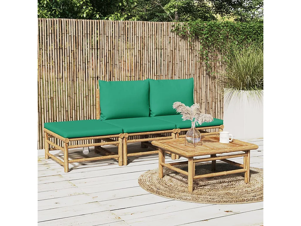 4 pcs conjunto lounge de jardim bambu c/ almofadões verdes PT15351