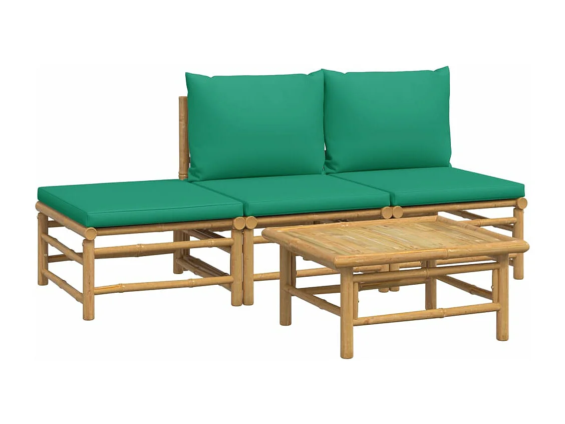 4 pcs conjunto lounge de jardim bambu c/ almofadões verdes PT15351