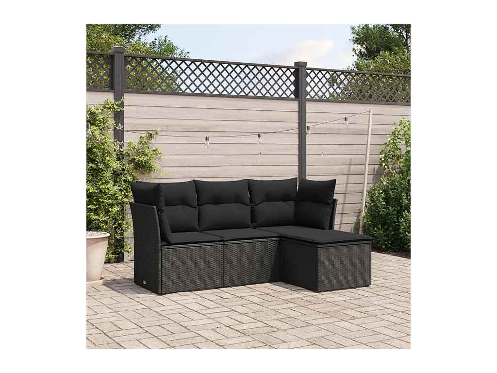 Salon de jardin 4 pcs avec coussins noir résine tressée BE26221