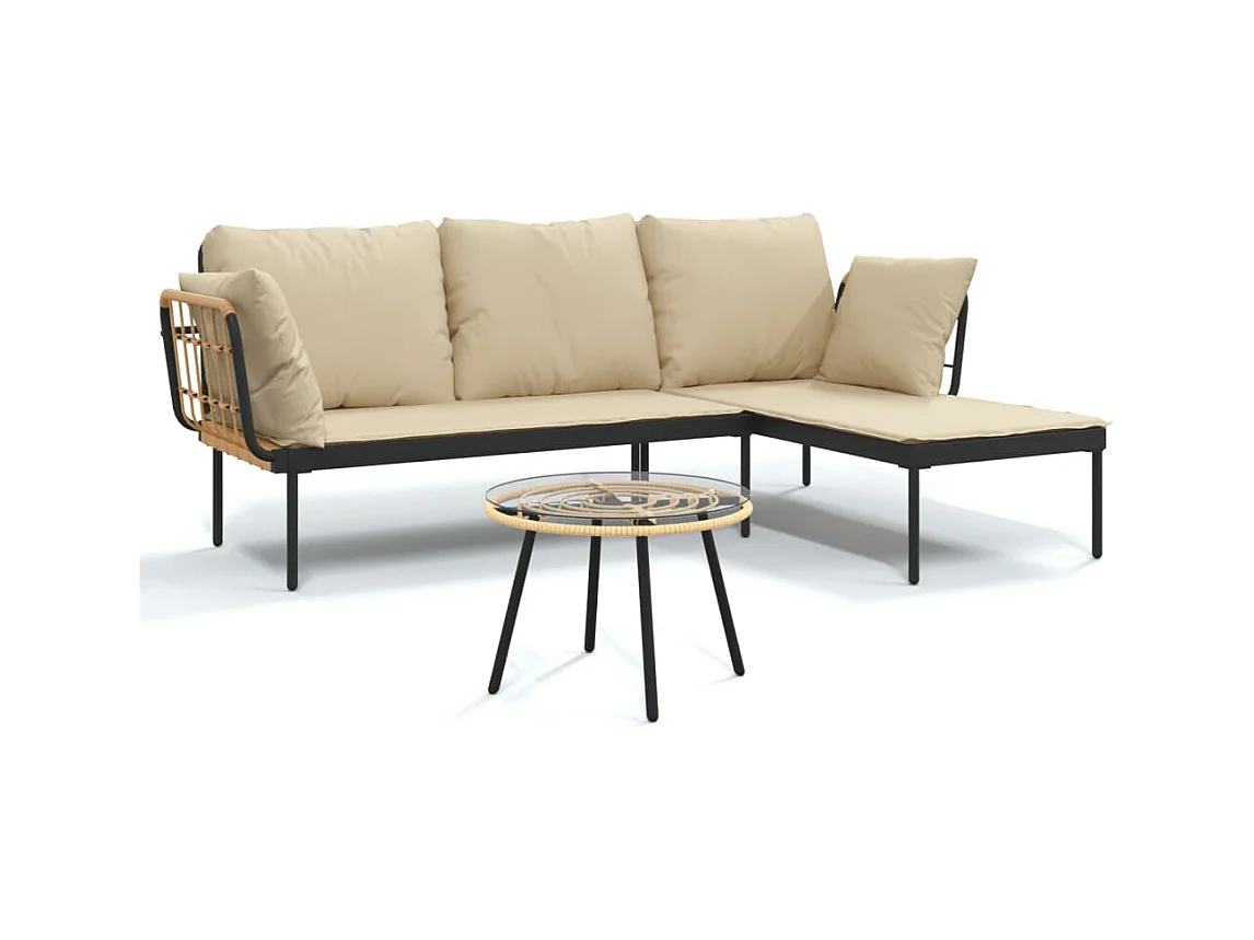 3-tlg. Garten-Sitzgruppe: Sofa + Tisch | Garten-Lounge-Set mit Kissen Beige Poly Rattan -GKD932689