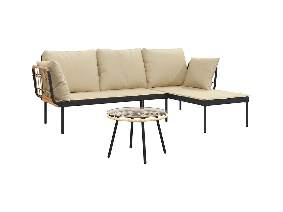 3-tlg. Garten-Sitzgruppe: Sofa + Tisch | Garten-Lounge-Set mit Kissen Beige Poly Rattan -GKD932689