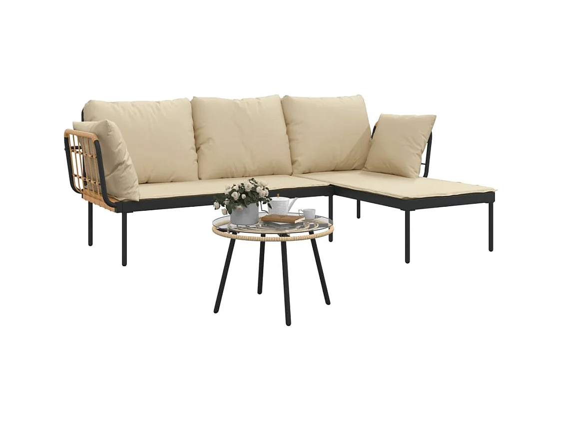 3-tlg. Garten-Sitzgruppe: Sofa + Tisch | Garten-Lounge-Set mit Kissen Beige Poly Rattan -GKD932689